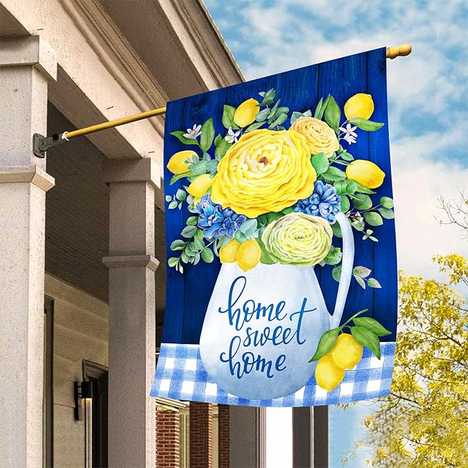 Texupday Home Sweet Home Blue and Yellow Flower Lemon Decoration Spring Summer Floral House Flag Buffalo Check Plaid Seasonal Holiday Outdoor Yard Banner 28" x 40"