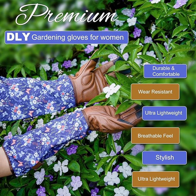 DLY Gardening Gloves for Women, Rose Gloves Thorn Proof, Long Garden Gloves for Women, Breathable Cowhide (X-Large, Brown)