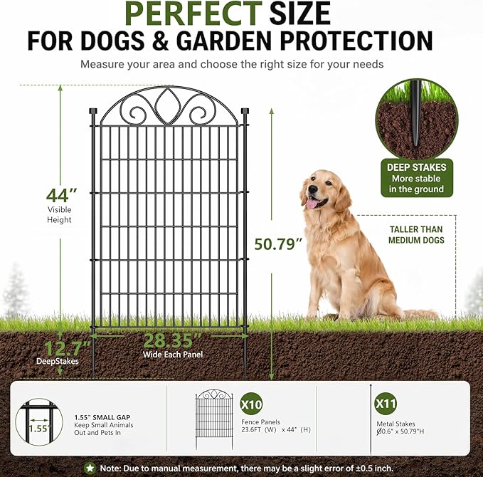 10 Panels No Dig Tall Garden Fence with Gate – 44" H X 23.6' L Rustproof Metal Dog Fence Outdoor for Yard, Decorative Animal Barrier Fence for Pet, Garden Border, Patio, Flower | Temporary Fencing