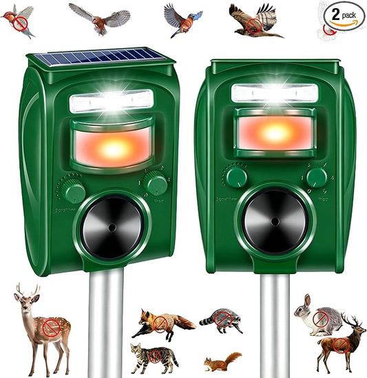 2Pack Upgraded Bird Deterrent Solar Animal Repellent Ultrasonic Outdoor with Motion Sensor Strobe Light for Pigeon Woodpecker Cat Rabbit Raccoon Squirrel Skunk Deer Repellent Devices for Yard Garden