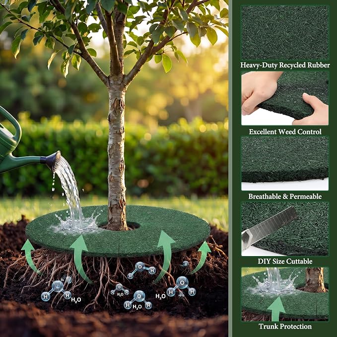 Peryiter 3 Pcs Double Side Rubber Mulch Tree Ring 24 Inch Heavy Duty Rubber Mulch Mat Tree Protector Weed Barrier Mats Reversible Round Root Ring for Prevent Weed Grass Animal Dig Dark Green Black
