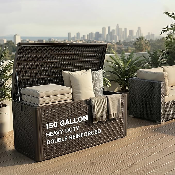 150 Gallon Deck Box, Double Layer Waterproof Resin, Lockable & UV Resistant Storage Box for Patio, Garden, Pool, Brown