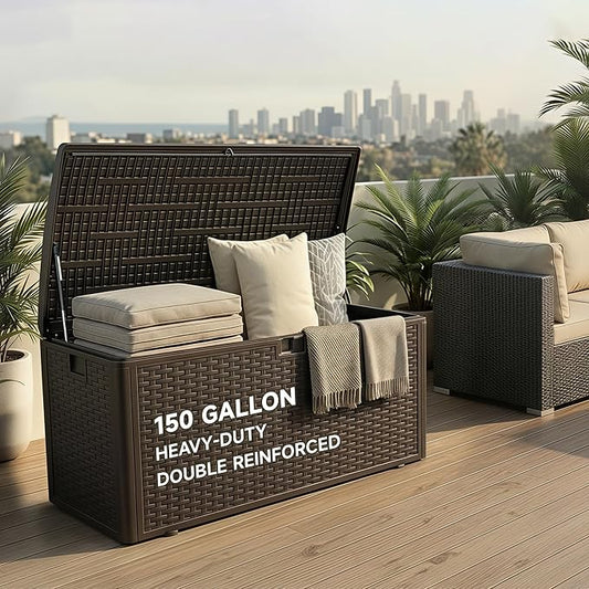 150 Gallon Deck Box, Double Layer Waterproof Resin, Lockable & UV Resistant Storage Box for Patio, Garden, Pool, Brown