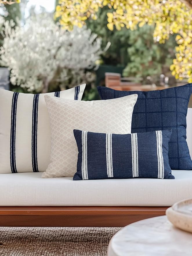 Crumbs Home Coastal Linen Indoor Outdoor Throw Pillow Cover Only, 20"x20" Water Repellent for Patio, Backyard, Couch, Neutral Beige Ravenala Palm Tree