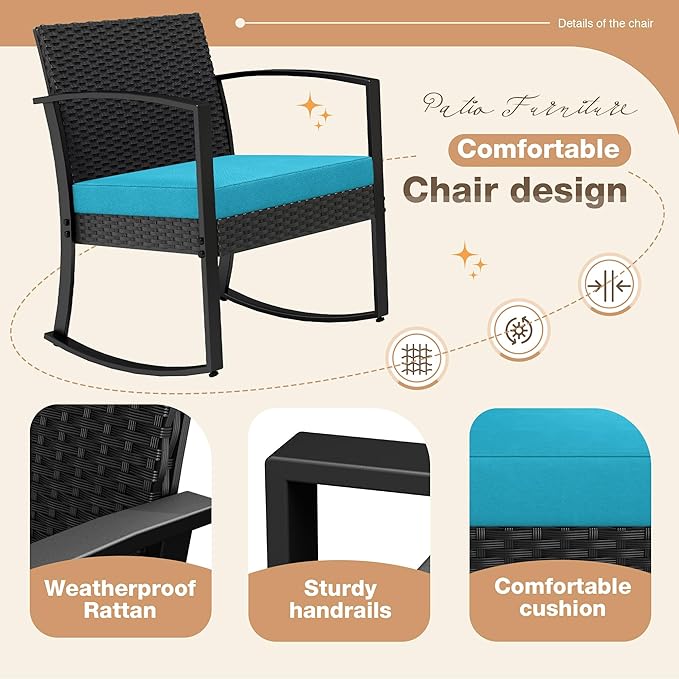 Greesum 3 Piece Outdoor Bistro Set, Imitation Rattan Conversation Set, Patio Furniture with Glass Top Coffee Table for Pool, Deck, Porch, Garden or Balcony, Bright Blue