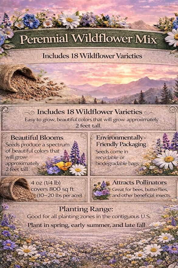 United States Nationwide Bulk Perennial Wildflower Seed Mix - All U.S. Zones - Plant in Spring and Fall (1 Pound Covers 2,000 Square feet) (1/8 Pound (2 Ounces))