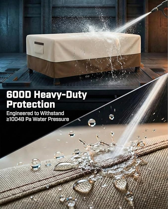 Waterproof Patio Coffee Table Cover, 600D Heavy Duty Outdoor Furniture Covers, Weather & UV Resistant, Windproof with Buckles, Rectangular Table Cover for Backyard Patio 48 x 28 x 16 in, Beige & Brown
