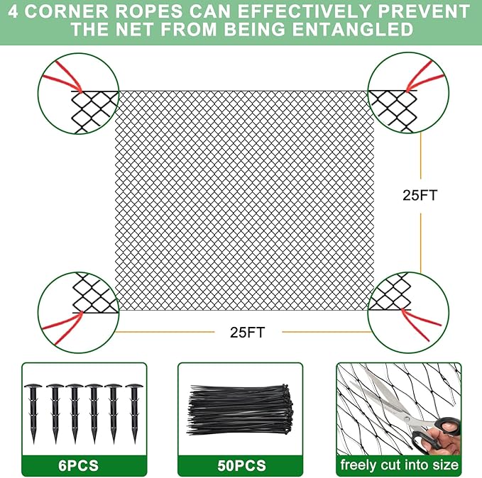 BSTPCOO 25'x25' Bird Netting for Chicken Coop, Nylon 3/4" Mesh Poultry Netting Chicken Net Roof Hawk, Aviary Net Deer Fence Pests Trellis Garden Nettings for Fruits Trees Plant