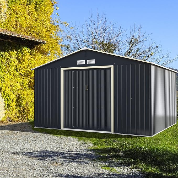 Goplus Storage Shed, Metal 11’ X 10’ Outdoor Building Organizer with 4 Vents & Double Sliding Door for Garden Backyard Farm (11'X10')