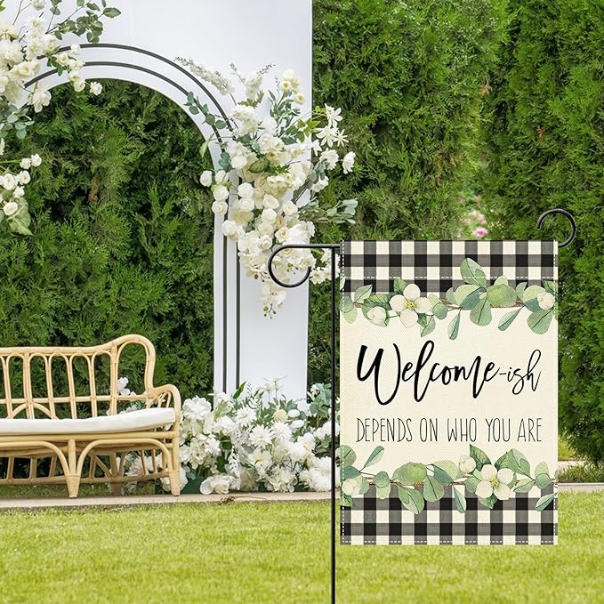 Artofy Welcome-ish Depends on Who You Are Small Decorative Garden Flag, Funny Family Buffalo Plaid Botanical Yard Lawn Outside Decor, Humorous Burlap Outdoor Home Decoration Double Sided 12 x 18
