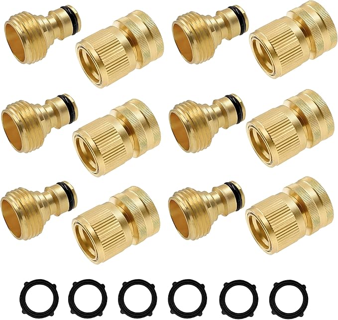 Hourleey Garden Hose Quick Connector, Solid Brass 3/4 Inch GHT Thread Garden Quick Connect Kit, Male and Female No-Leak Water Hose Fittings (6 Set)