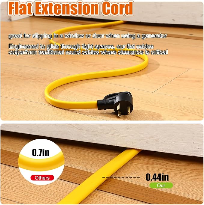 Tellegloww 35 FT Flat RV Generator Adapter Cord NEMA TT-30p to 3X 5-20R/5-15R, 30A to 110V 15/20 A Household Outlet Adapter, 10 Gauge Flat Rv Generator Extension Cord, Etl Listed, Yellow
