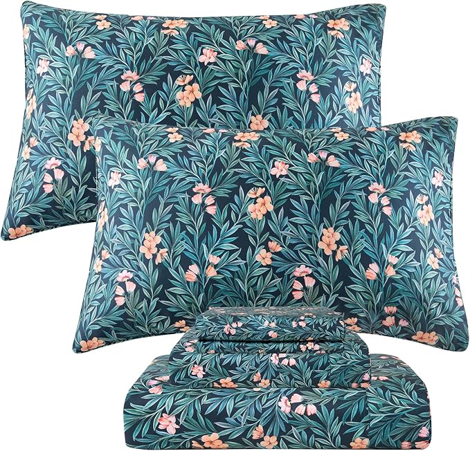 QSH Floral Egyptian Cotton Sheets King Size - Floral Bedding Sheets Botanical Pattern Printed Bedding King Size Bed Sheets 17.5" Extra Deep Pocket 4pcs
