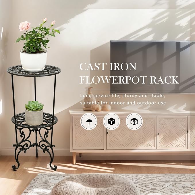 Heavy-Duty Cast Iron Plant Stand 26-Inch Double-Layer Metal Plant Rack, Heavy-Duty Corner Plant Stand for Indoor and Outdoor Decoration Vintage Garden Pots Container Supports