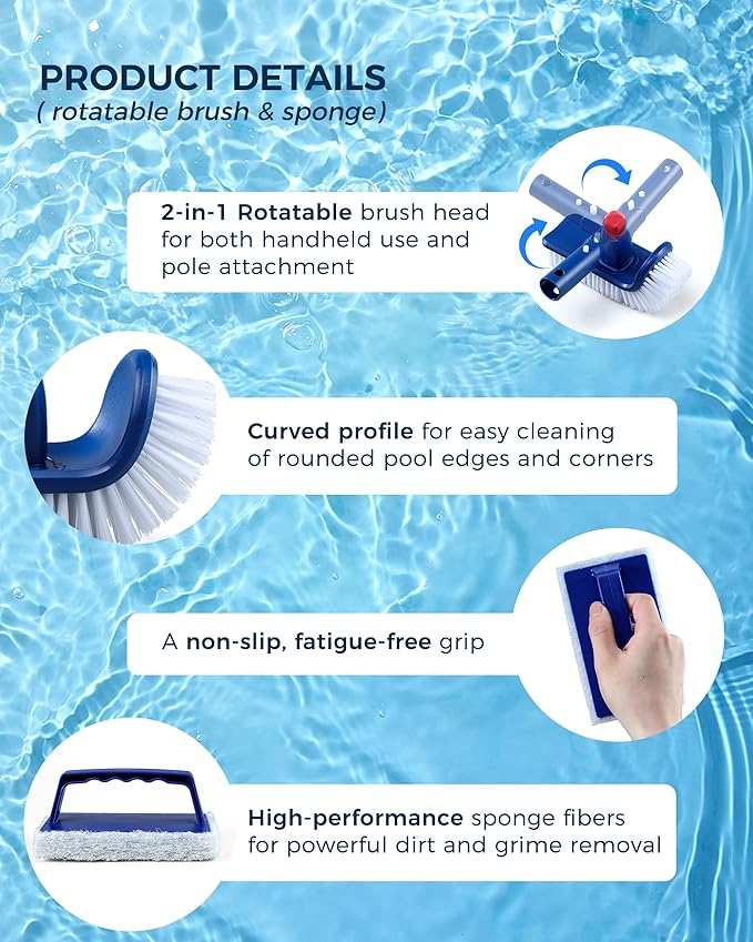 3-in-1 Full-Coverage Pool Brush Head Set - Includes 17.5" Long Brush, Rotatable Handheld/Extension Pole Brush, Sponge Brush, Durable Scrubber Brush Set for Pool Floors/Corners/Steps