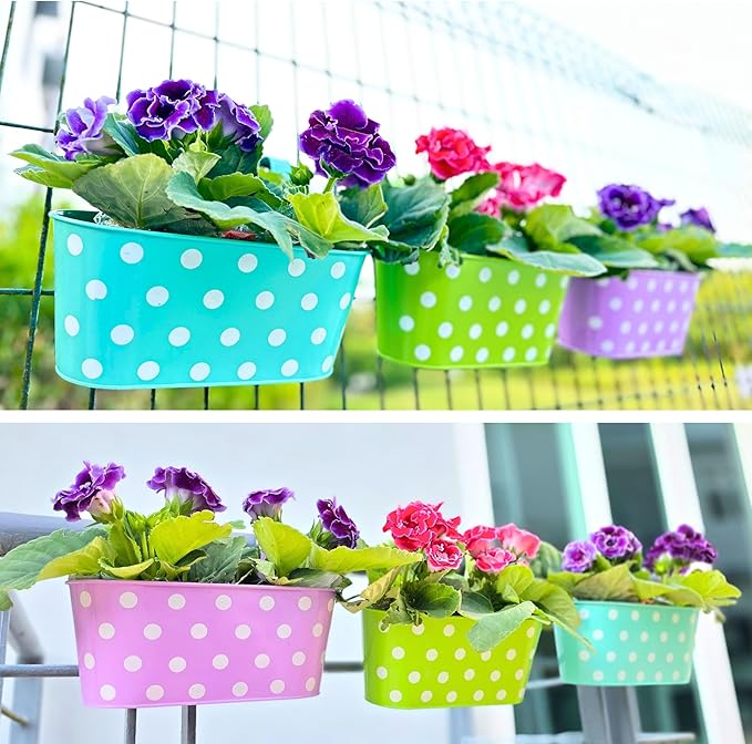 LaLaGreen Rail Planter Outdoor Plants (17 Inch, 6 Pack) Large Colorful Metal Iron Hanging Flower Pot Deck Railing Fence Buckets Countryside Style Window Plant Holder Hooks Porch Decor