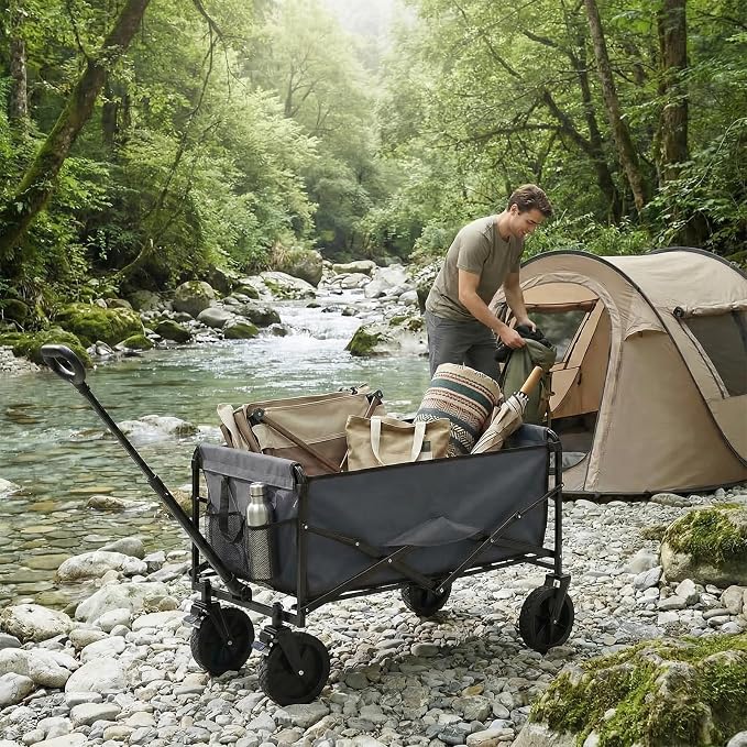 DUMOS Collapsible Wagon Cart, Heavy Duty Foldable Utility Wagon with Lockable Brake Wheels – 330 lbs Capacity, Flexible Handle for Beach, Garden, Sports, Grocery & Camping, Gray