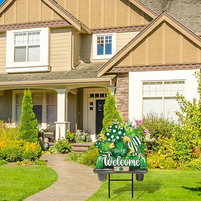 JarThenaAMCS St. Patrick' s Day Metal Garden Stake Welcome Yard Sign Green Shamrock Clover Truck Decorative Lawn Sign for Irish Holiday Home Outside Lawn Porch Walkway Pathway