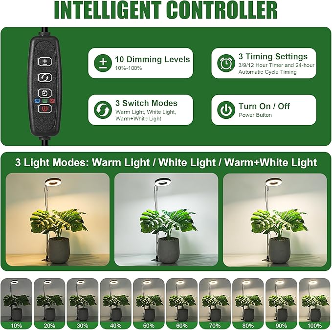 Black 3.54" LED Grow Light, Full Spectrum Plant Lights for Indoor Growing with 3/9/12H Timer, 3 Color Modes, 10 Brightness, Height Adjustable，Small Halo Grow Light with Base, 3 Pack