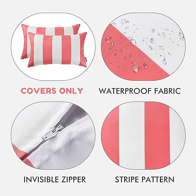Western Home Pack of 2 Decorative Outdoor Solid Waterproof Striped Throw Pillow Covers Polyester Linen Garden Farmhouse Cushion Cases for Patio Tent Balcony Couch Sofa 12x20 inch Pink