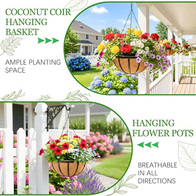 Hanging Planters for Outdoor Plants 4 Pack 14 inch Metal Hanging Flower Basket with Coco Coir Liner Wire Plant Holder Watering Flower Baskets Pot Hanger Garden Decoration for Indoor Outdoor(DQL)