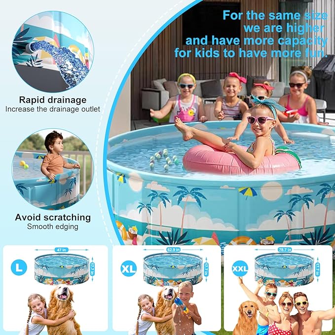 Foldable Swimming Pool for Kids 47.2"x17.7" Hard Plastic Portable Dog Pool Anti-Slip Collapsible Pets Bathtub Kiddie Pool Indoor Outdoor Backyard (Beach Party 48'')