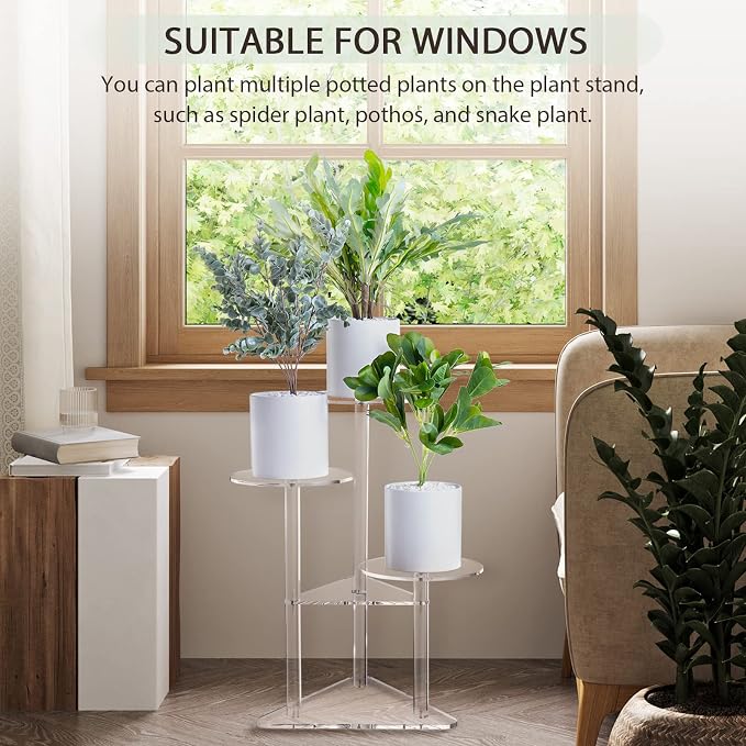 Sumerflos Acrylic Corner Plant Stand 3 Tier - Clear Indoor Plant Shelf Plant & Flower Display Rack Pot Holder for Living Room Balcony Window Modern