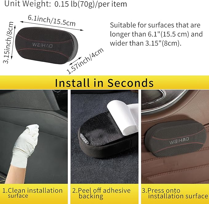 WEIHAO 2PCS Car Knee Cushion Pad, Suede Car Door Knee Pad Rest Cushion, Memory Foam Compact Center Console Knee Pad Support Cushion with Hook & Loop (Black)