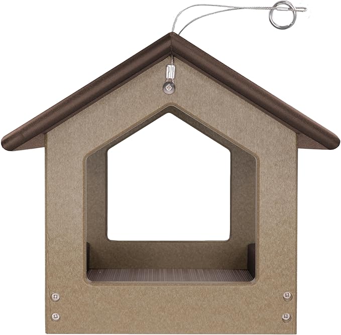 DutchCrafters Amish USA Made Recycled Plastic Large Hanging Modern Fly Through Covered Roof Open Platform Tray Bird Feeder for Outdoors, Garden, Yard (Tudor Brown & Weatherwood)