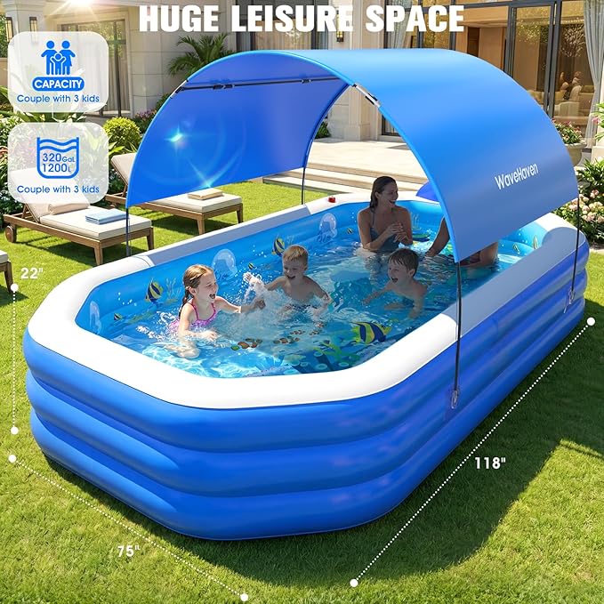 2026 Inflatable Pool with Canopy, Large Inflatable Pool for Kids,Adults, Blow Up Pools with Seats,Oversize Thickened 118"x75"x22"Inflatable Swimming Pools, Kids Pool for Backyard,Ocean Theme