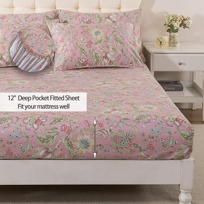 FADFAY Twin XL Sheets Set 4Pcs Pink Floral College Bedding 100% Egyptian Cotton Dorm Room Bedding, Soft Cooling Breathable Dorm Sheets Extra Long with Deep Pocket Luxury Hotel Quality for All Seasons