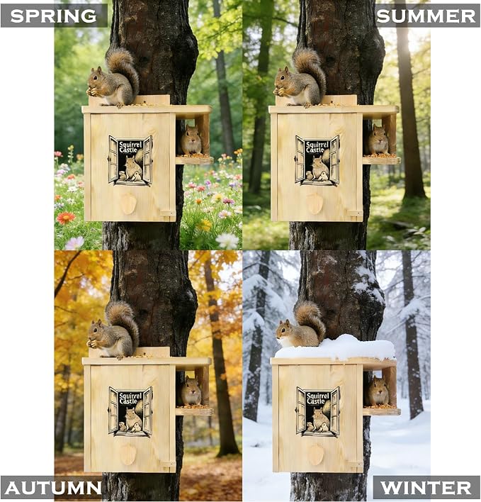 Extra Large Outdoor Squirrel House, Wooden Nesting Box | 0.7-inch-thick weatherproof pine, external rest platform, front porch, ventilation and easy mounting on trees or fences