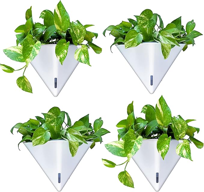 LaLaGreen Wall Planters for Indoor Plants - 4 Pack, 12 Inch Large Self Watering White Geometric Hanging Flower Vase Vessel with Metal Hanger, Modern Stylish Wall Mounted Succulent Pot Holder Decor