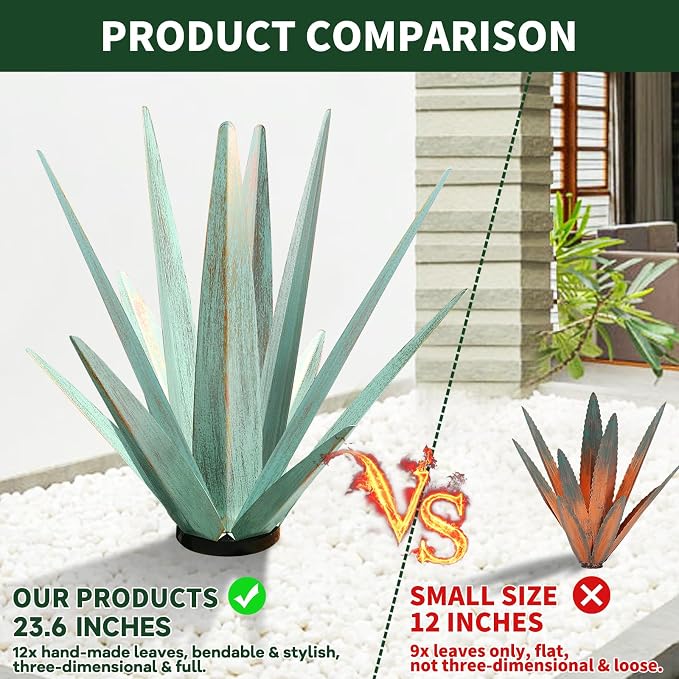 KODIBO Large Tequila Rustic Sculpture, Rustic Metal Agave Plants for Outdoor Patio Yard, Home Decor Hand Painted Metal Agave Garden Yard Statue, Outdoor Lawn Ornaments (Dark Blue - L (W/Solar Light))