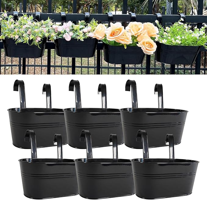 12" Balcony Railing Planters, Outdoor Hanging Planter for Fence, Stylish Metal Porch Deck Flower Pot for Herbs & Succulents (Black, Pack of 6)