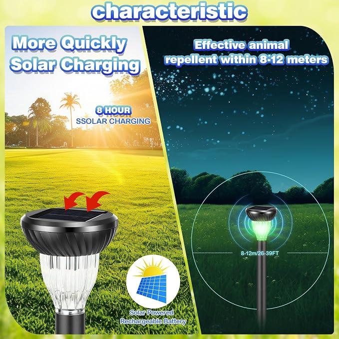 10 Pack Solar Ultrasonic Animal Repellent with RGB Color-Changing Lights, 360° Sonic Pest Deterrent for Outdoor Lawn & Garden, Solar Powered Mole, Gopher & Snake Repellent Stakes