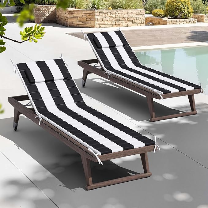 Crestlive Products Chaise Lounge Cushion Outdoor Set of 2, Waterproof Foldable Pool Lounge Chair Cushions with Straps 80''Lx26''W, Lounger Cushions for Outdoor Furniture, Patio, Black Stripe