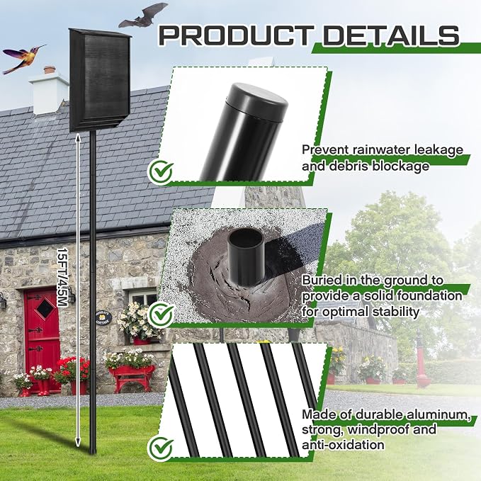 Yaocom 15 FT Telescoping Purple Martin House Pole,Aluminum Bat House Kit with Ground Socket, Adjustable Heavy Duty 5-Section Round Pole, Purple Martin Bird Accessories for Outdoors (Black)