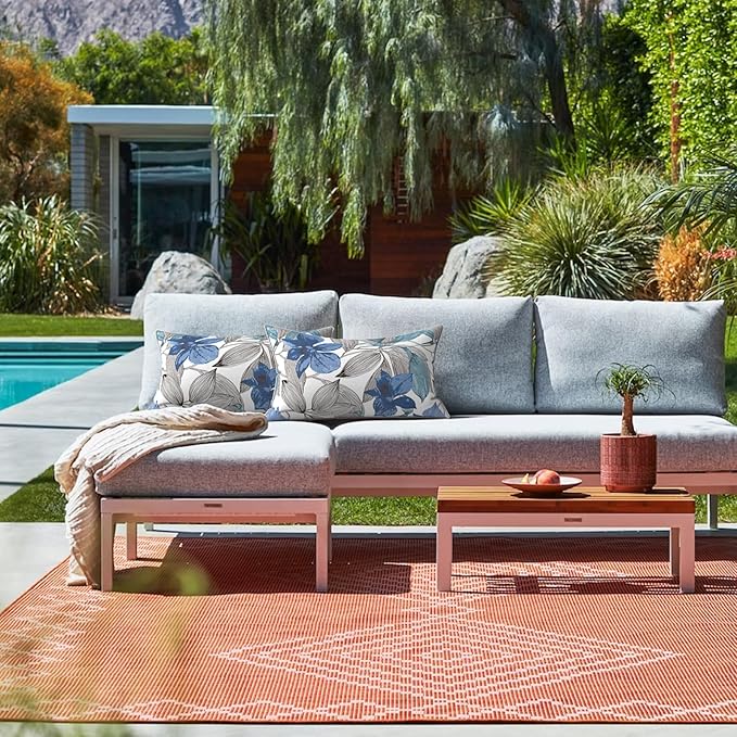 LVTXIII 2 Pack Outdoor Lumbar Pillow Covers 12x20 Inch with Piping, Water-Repellent Back Cushion Covers ONLY for Patio Furniture, Sofa, Garden Bench, Clemens Noir Blue