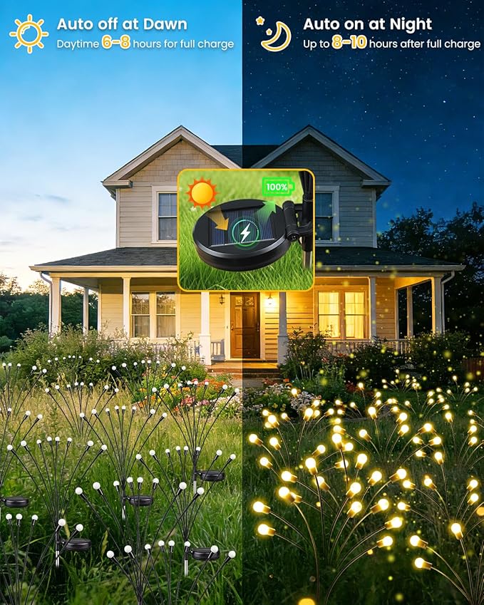 OZS 4 Pack Total 32 LED Solar Garden Lights Fairy Outdoor - Solar Firefly Lights Outdoor, Sway by Wind, Waterproof for Garden Patio Pathway Fairy Decoration (Warm White)