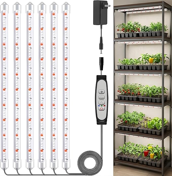 SDOVUERC 16'' 6 Bars Grow Light Strips for Indoor Plants with Auto ON/Off Timer 6/12/18H, 5 Dimmable Levels for Shelves Plant Growing(Pack 1)