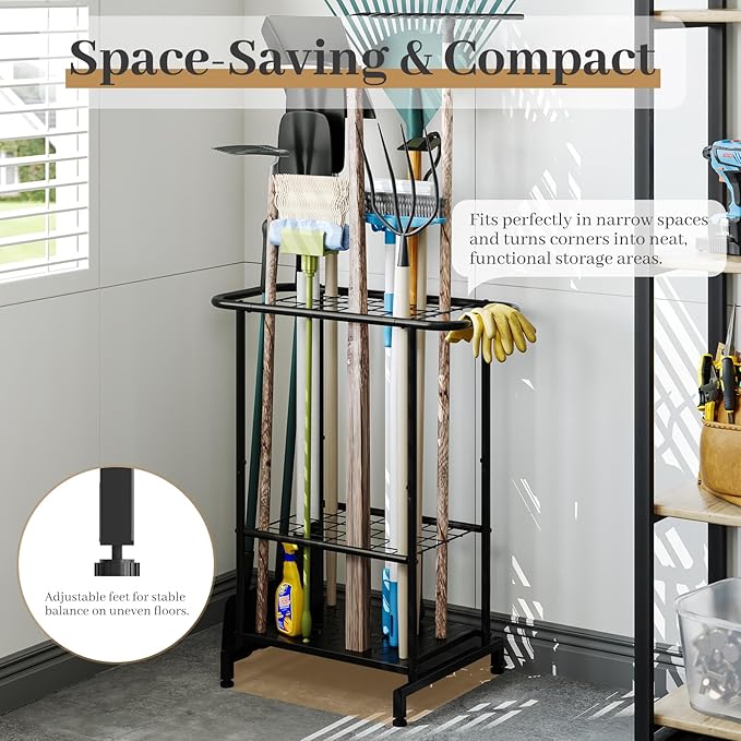 Garden Tool Organizer with Wheels, Heavy Duty Metal Garage Tool Storage Rack, Yard Tool Holder for Long-Handled Tools, Rakes and Brooms, Indoor and Outdoor Use for Shed, Patio