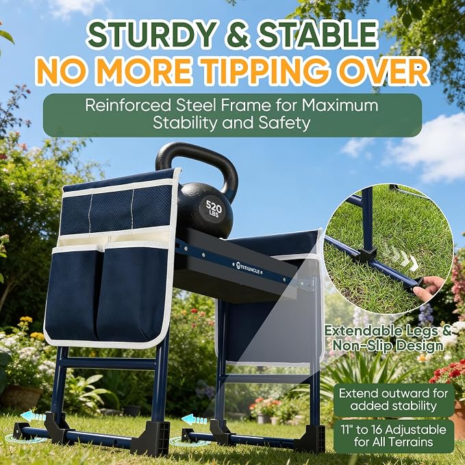 Garden Kneeler and Seat, Foldable Heavy-Duty Anti-Tipping Gardening Bench Stool with Extra-Wide Thickened Kneeling Pad & 2 Tool Pouches, Ideal Gift for Seniors, Gardeners, Women, Men and Dad