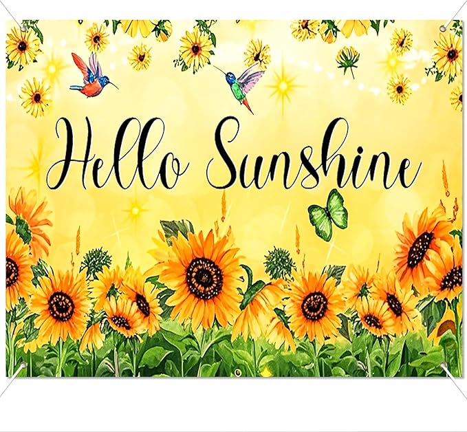 BlissYard Hello Sunshine Backdrop Decoration Sunflower Floral Banner 8x6ft Summer Spring Photo Backdrop Yellow Flower Background for Garden Party Photo Booth Seasonal Event Wall Display