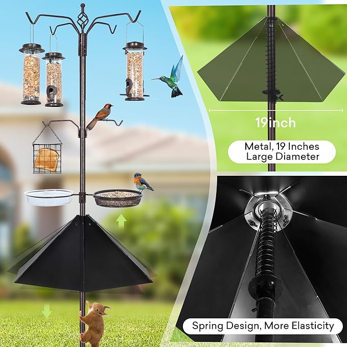 YINGYM 6-Hook Bird Feeding Station Kit, 94 Inch Heavy Duty Bird Feeder Stand Pole for Outdoors Hanging with 4 Feeders, Wide Metal Squirrel Baffle, Attracting Wild Birds