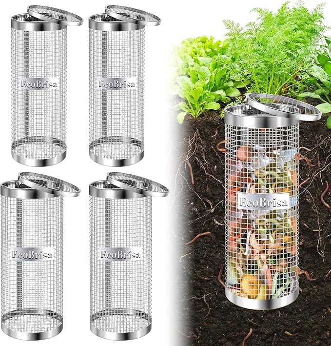 Underground Worm Composting Bin, Metal Compost Bin for Recycling Kitchen Food Waste, Outdoor Worm Compost Bin with Holes and Lid Use in Outdoor Garden Vegetable Patch Backyard (Silvery 4pcs)