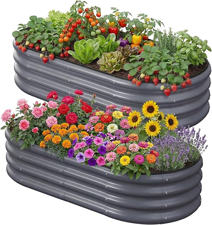 2PCS 4x2x1 FT Oval Metal Raised Garden Bed Kit, Elevated Garden Planter Box Outdoor, Trough Planter for Outdoor Plants, Flower, Vegetables, Fruit, Herbs (Dark Gray)