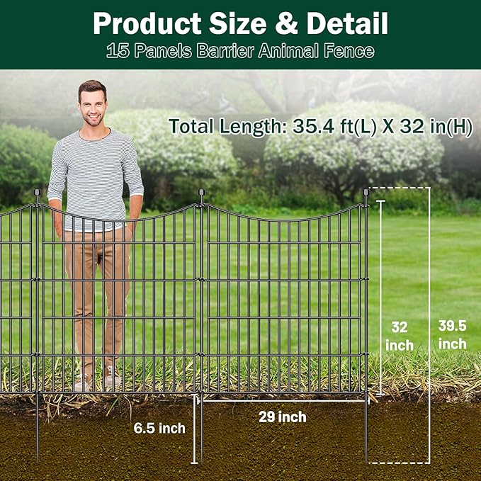 15 Panels Decorative Garden Fence with Gate, 32 in(H) X 35.4 ft(L) No Dig Dog Fence Animal Barrier Outdoor for Yard, Rustproof Metal Garden Edging and Borders, Temporary Fencing Stakes