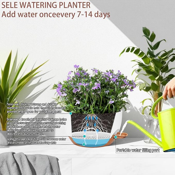 12" Self Watering Hanging Planters with Chains, White Brown, 2 Pack | 43 Oz removable self-watering reservoir, for indoor/outdoor plants, patio & garden