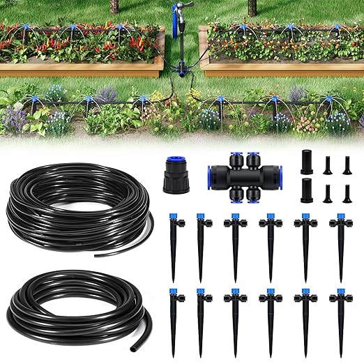 HIRALIY 50FT Garden Watering System, Drip Irrigation Kits for Plants, New Quick Connector, Blank Distribution Tubing, Saving Water Automatic Irrigation Equipment for Patio Lawn
